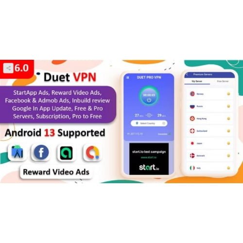 Duet Pro VPN App Secure VPN App Fast VPN Subscription StartApp Ads Facebook Admob Ads Free Download